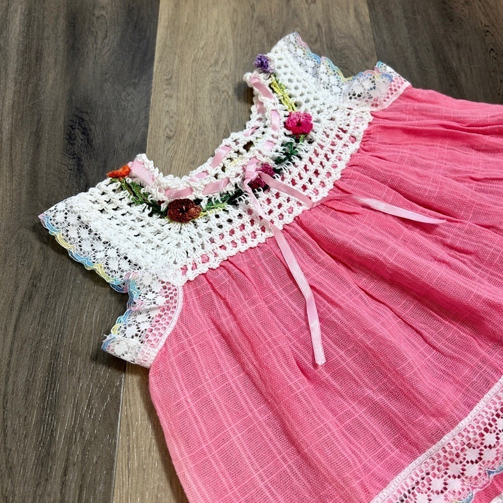Vintage Handmade Pink Gauze Crochet Floral Lace Babydoll Dress Baby 12 Months